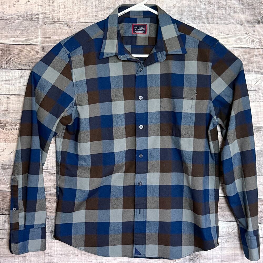 UNTUCKit Flannel Buffalo Check Shirt Mens Medium Blue Button Up Long Sleeve
